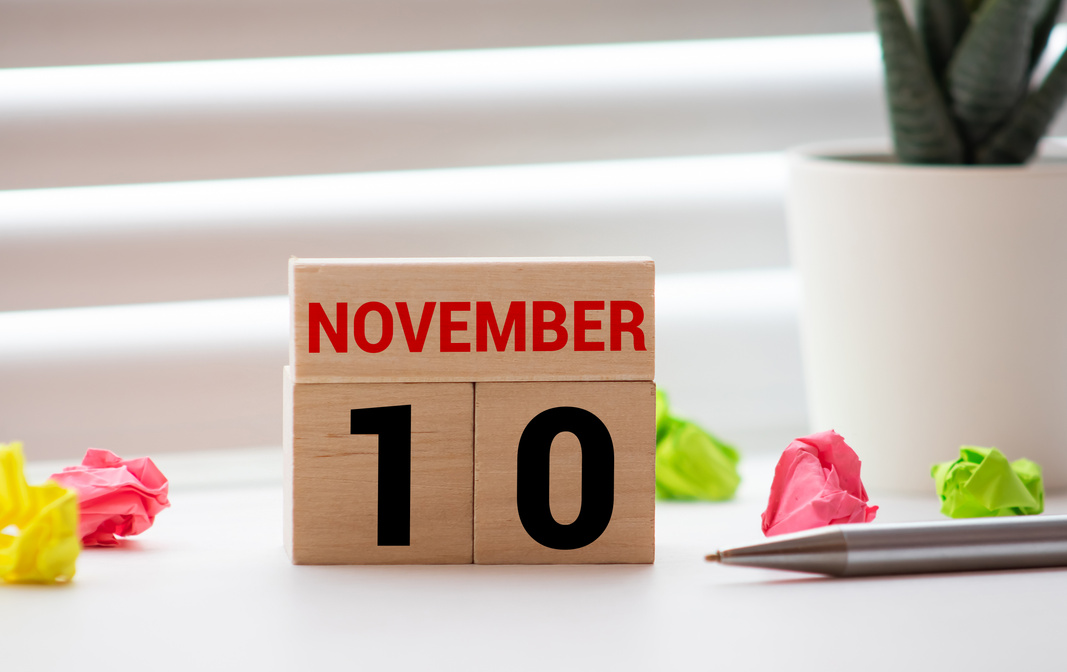 White block calendar present date 10 and month November on wood background